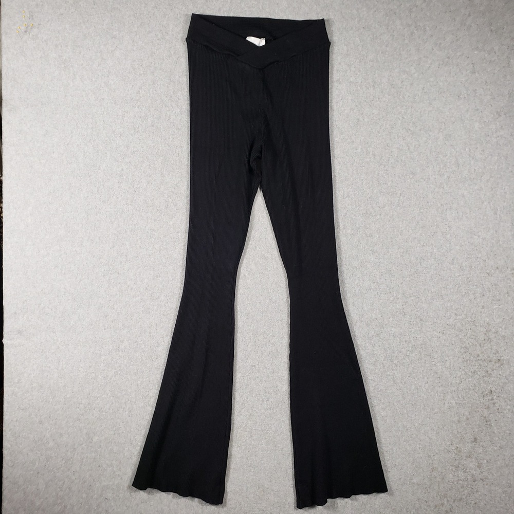 Pink Rose Black Ribbed Flare Pants Stretch Women's Size Medium V Waist Hippie